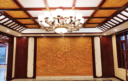 琅琊中式别墅客厅中式木作横梁吊顶装饰展示